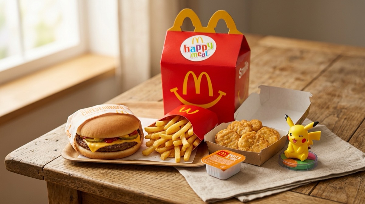 McDonald's Happy Meal met cheeseburger, friet, nuggets, saus en speeltje