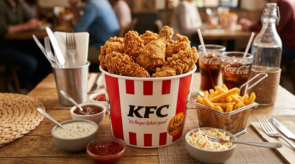KFC Bucket met gefrituurde kip, friet, sauzen, coleslaw en cola op tafel